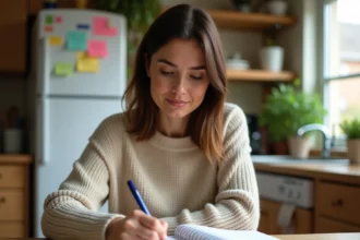 Mère organisant le planning de garde alternée dans un agenda familial posé sur une table en bois dans une cuisine chaleureuse
