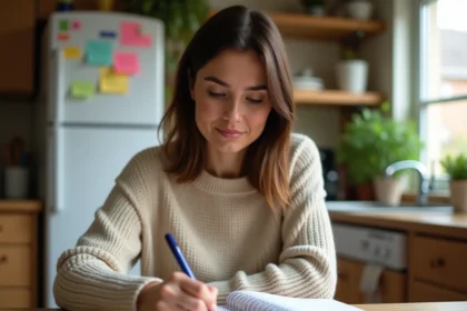 Mère organisant le planning de garde alternée dans un agenda familial posé sur une table en bois dans une cuisine chaleureuse