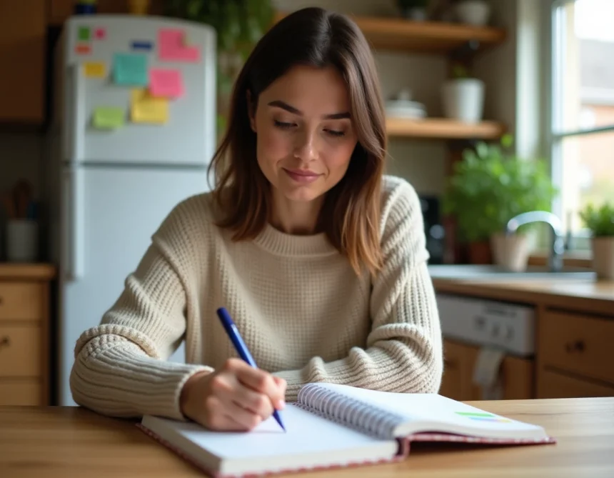 Mère organisant le planning de garde alternée dans un agenda familial posé sur une table en bois dans une cuisine chaleureuse