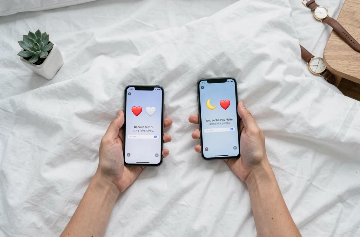 Deux mains tenant des smartphones avec des messages bonne nuit visibles sur écran posés sur un drap blanc