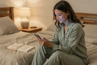 Femme en pyjama envoyant un message bonne nuit sur son smartphone assis sur le bord d'un lit douillet