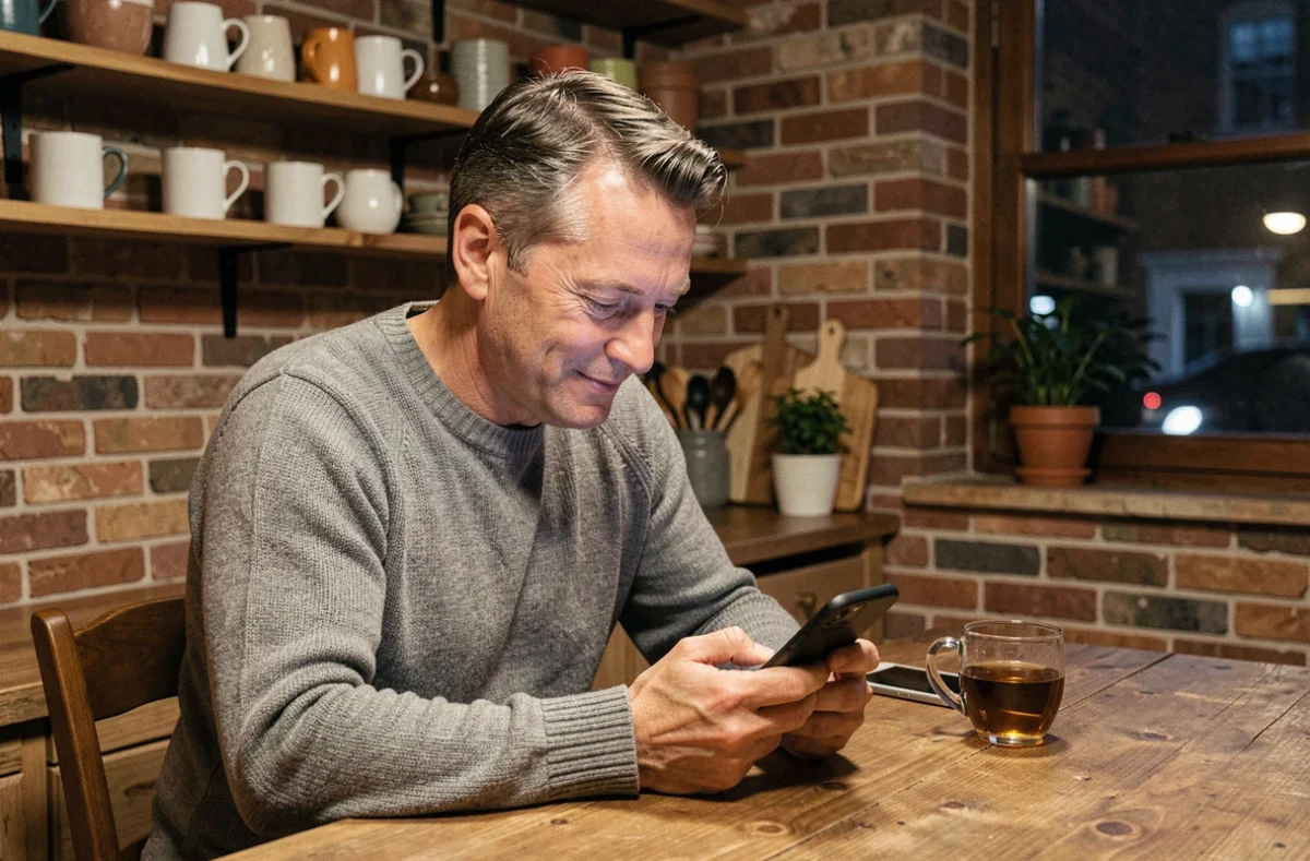 Homme en pull gris écrivant un message bonne nuit sur son téléphone dans une cuisine rustique le soir