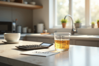Plan de cuisine avec verre de mesure et calculatrice lumineuse