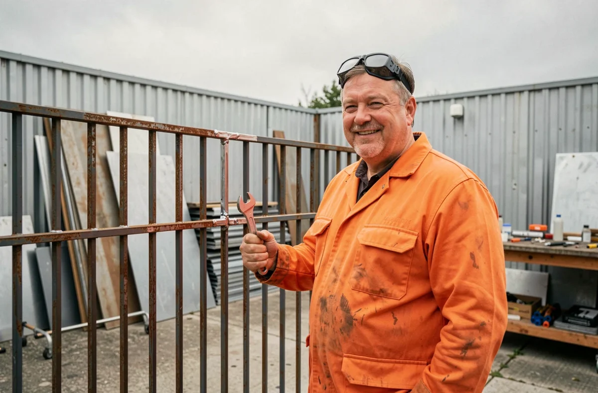 Artisan de Metallerie Megret debout devant un portail métallique réparé dans la cour d'un atelier breton