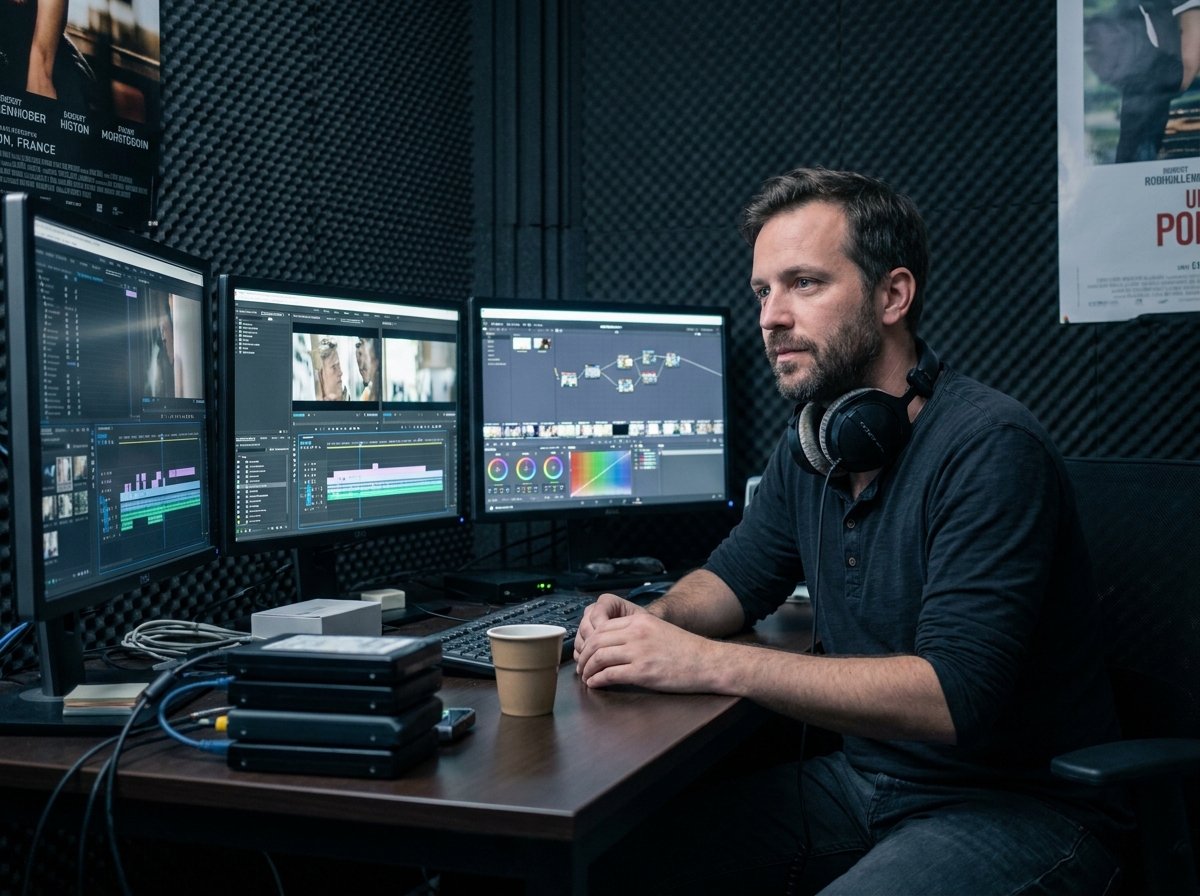 Monteur vidéo professionnel travaillant sur un logiciel de montage cinéma dans une salle de post-production en France