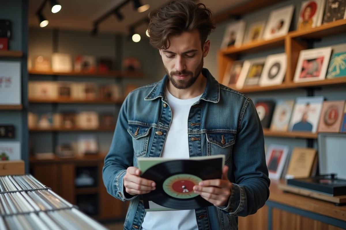 Jeune musicien feuilletant des pochettes de vinyles dans un magasin de musique, évoquant les singles et albums de la discographie de 3piece