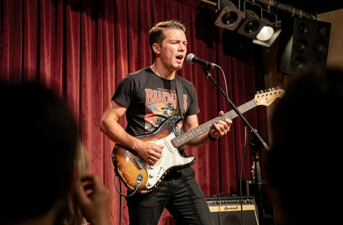 Musicien de rock français jouant de la guitare sur scène dans un club parisien intimiste
