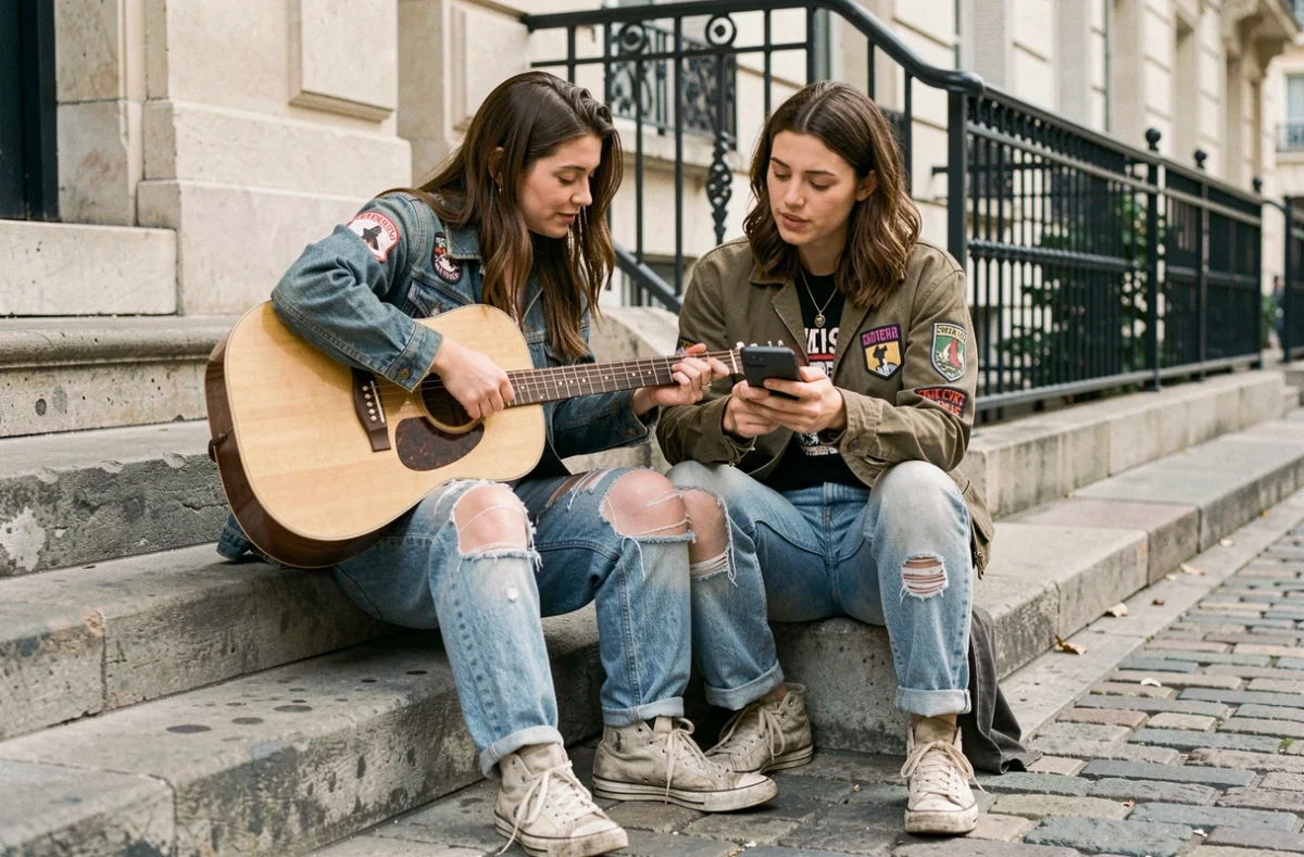 Deux musiciennes de rock françaises en pause sur des marches parisiennes avec une guitare acoustique
