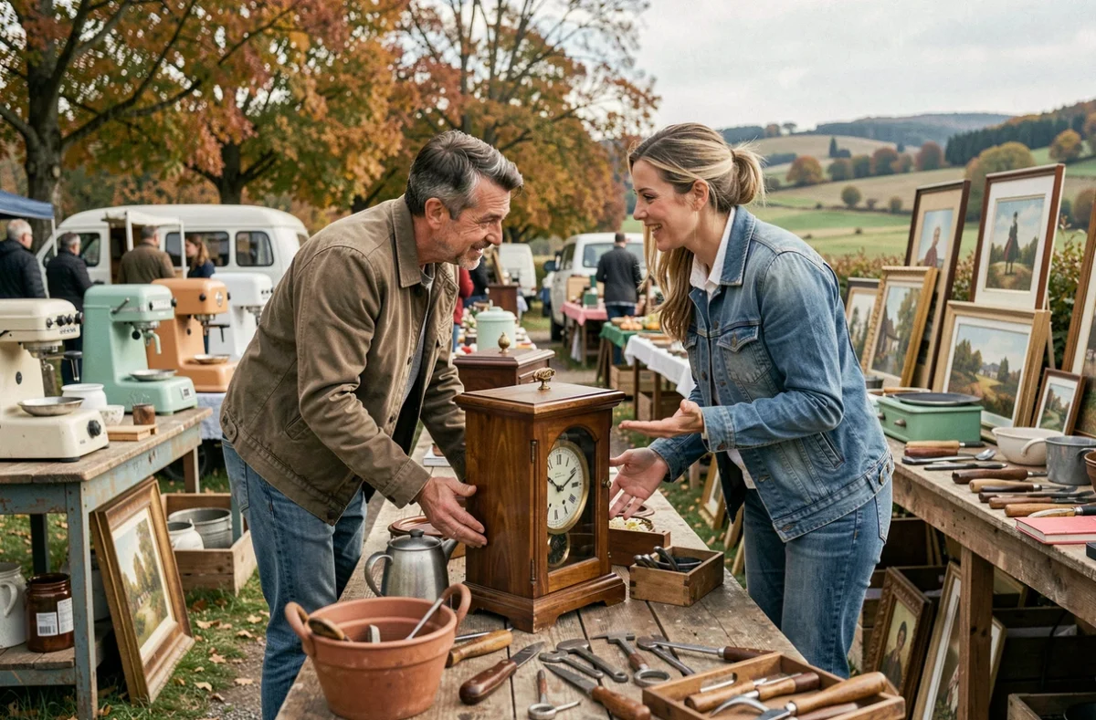 Deux amis négociant le prix d'une horloge ancienne lors d'un vide grenier en Haute-Loire entourés de nombreux objets de brocante
