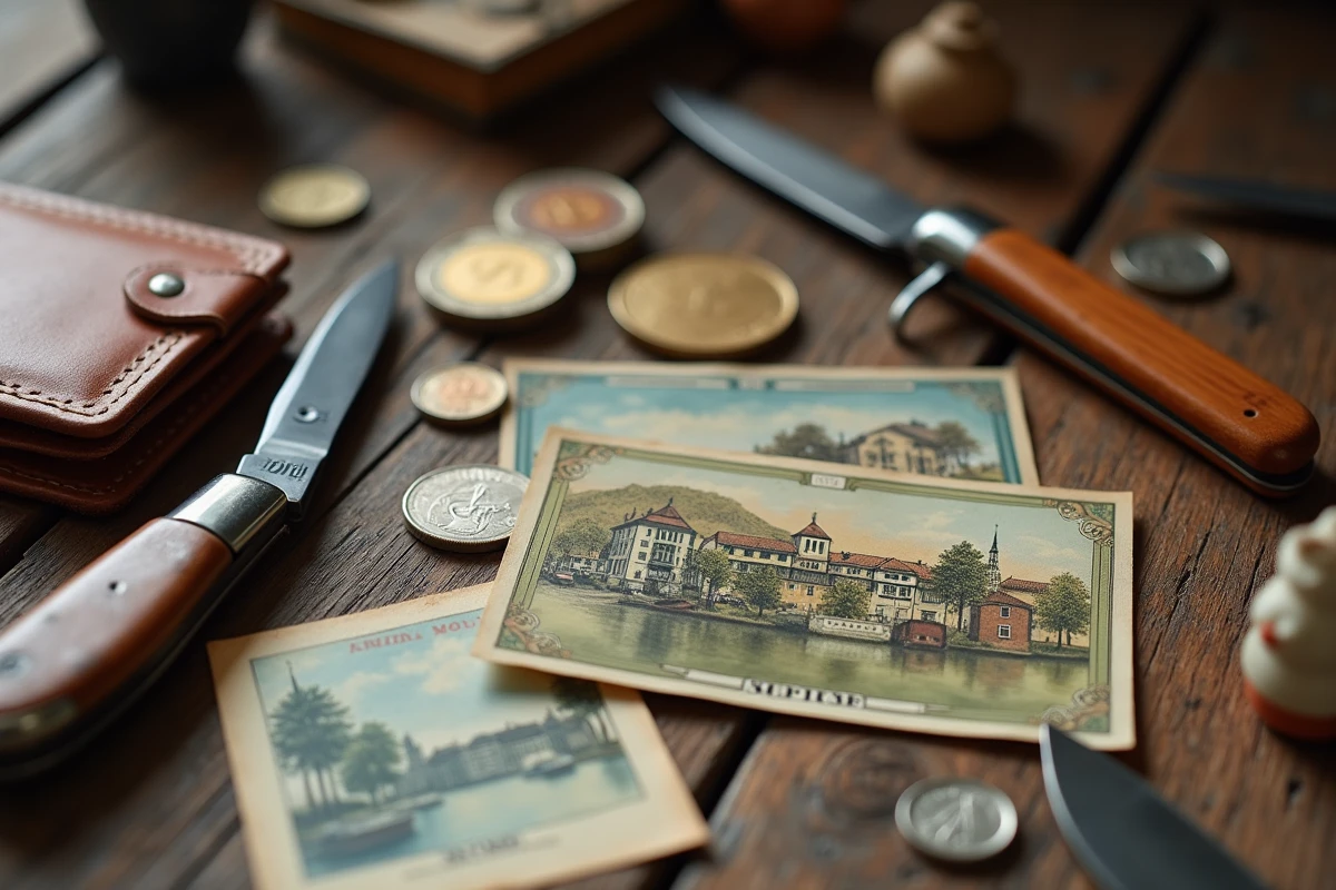 Objets de braderie typiques du Nord disposés sur une table de brocante