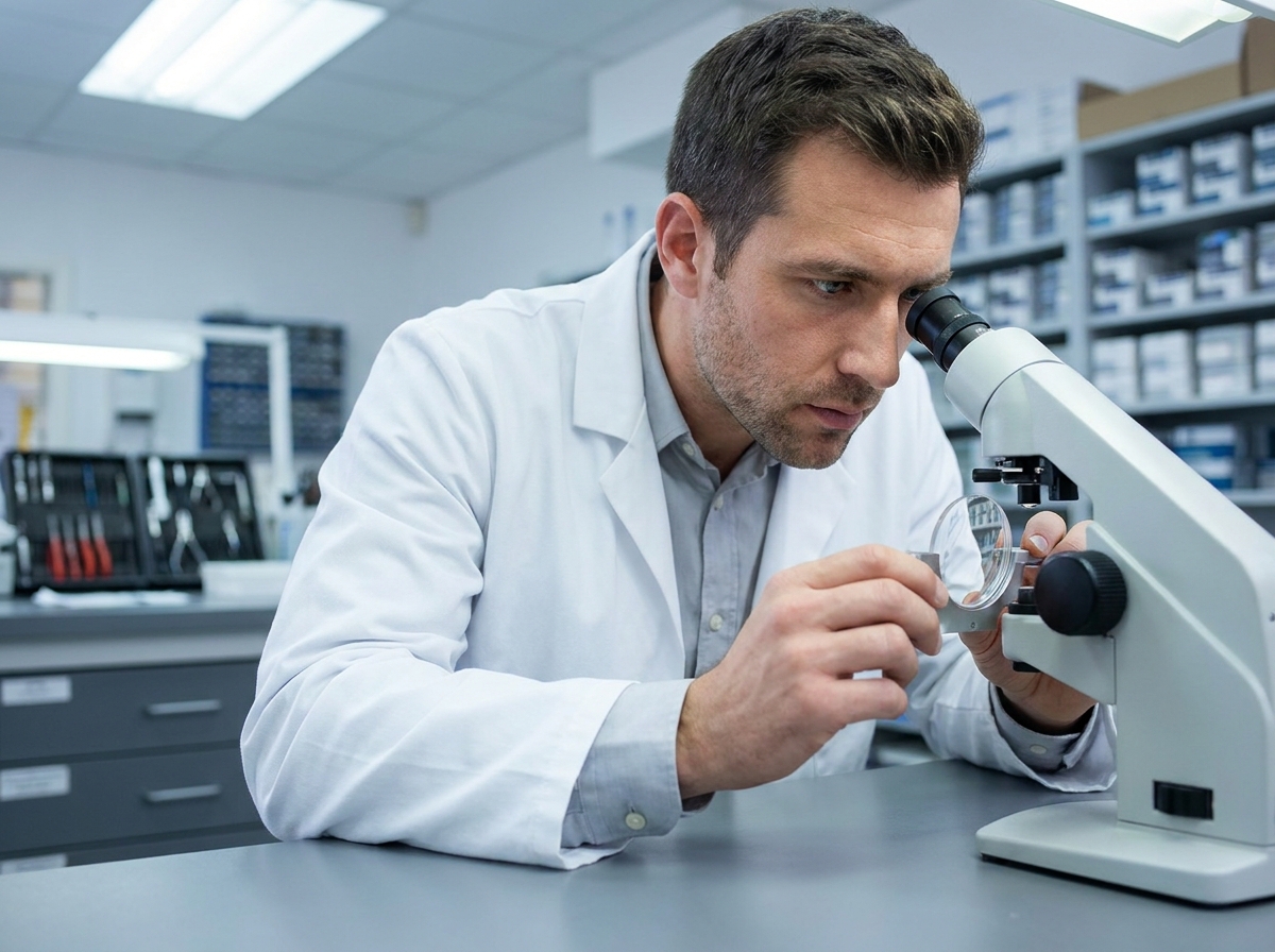 Opticien professionnel inspectant un verre optique avec un lensomètre dans un atelier d'optique moderne