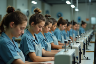 Groupe de jeunes ouvriers textiles dans une usine en activité