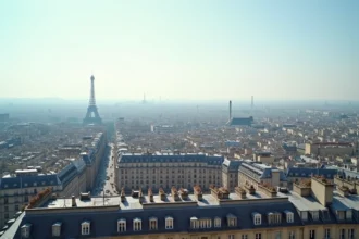Vue panoramique de Paris montrant la densité urbaine des arrondissements avec la Tour Eiffel en arrière-plan, illustrant la plus grande ville de France