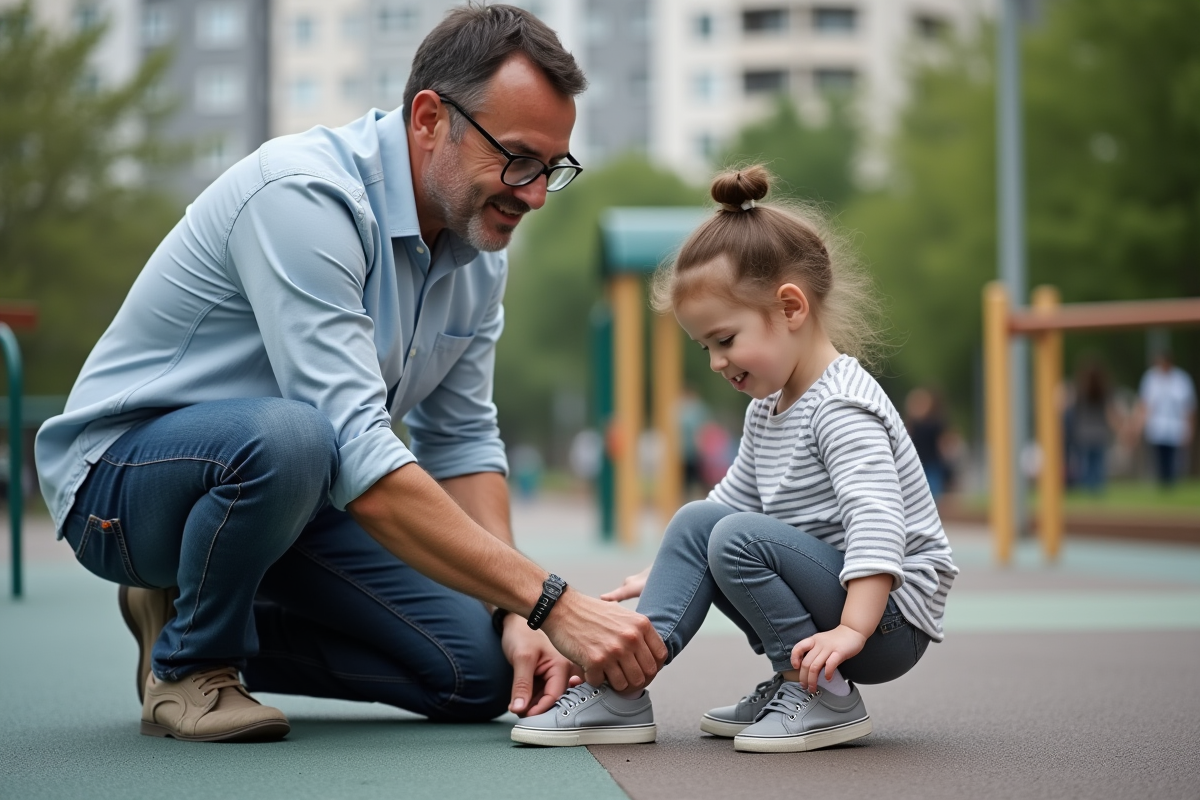 Papa aidant sa fille à lacer ses chaussures dans un parc urbain