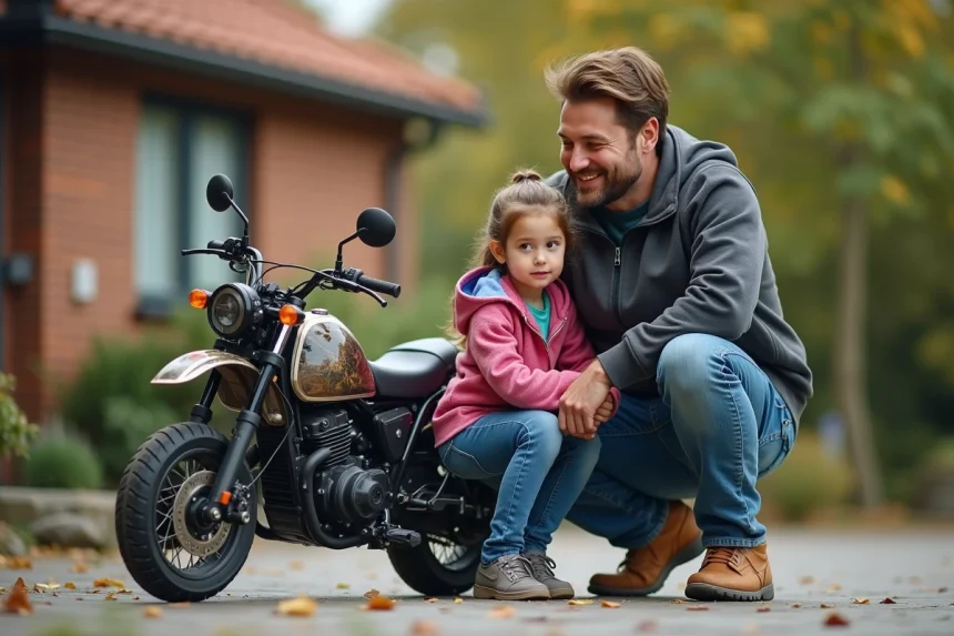 Père et fille inspectant une moto dans la cour familiale