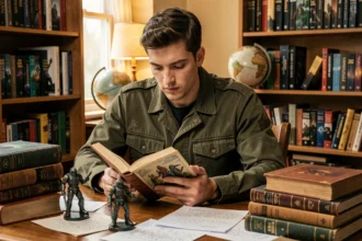 Passionné de Warhammer 40K lisant un livre de lore entouré de figurines et d'ouvrages sur son bureau