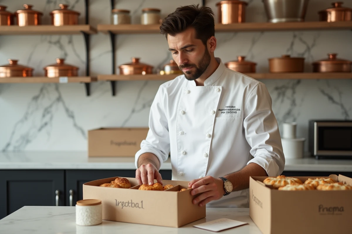 Pâtissier artisan emballant des pâtisseries dans des boîtes kraft pour commandes clients dans une cuisine de pâtisserie