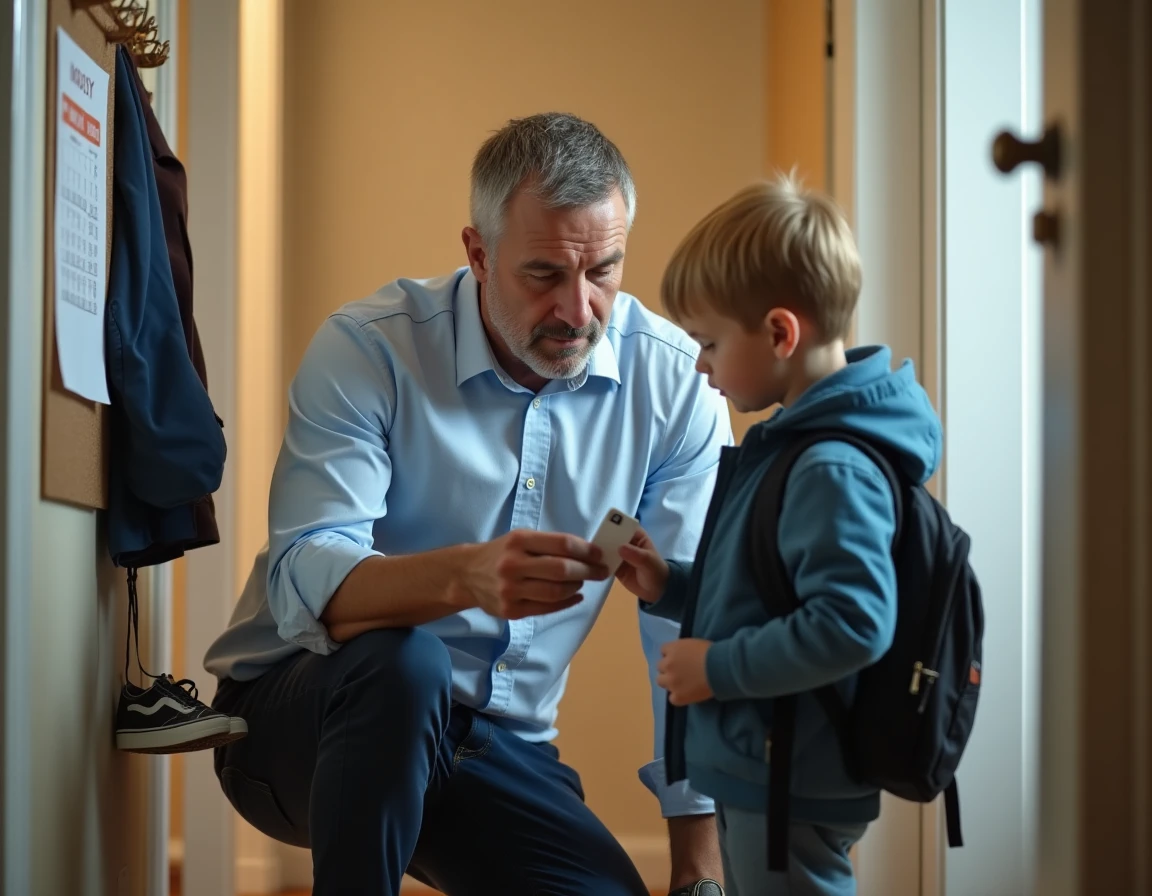 Père aidant son fils à préparer son sac pour la semaine de garde alternée dans un couloir d'appartement