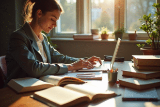 Personne travaillant à un bureau avec un ordinateur et livres