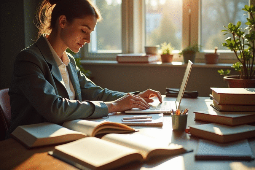 Personne travaillant à un bureau avec un ordinateur et livres