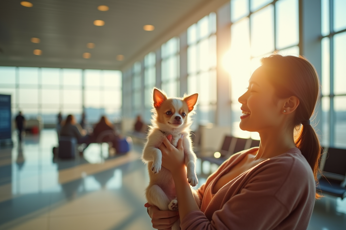 Personne tenant doucement un chiot chihuahua dans un terminal aéroport