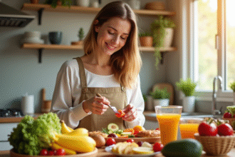 Jeune femme prépare un petit déjeuner coloré avec fruits et vitamine B6