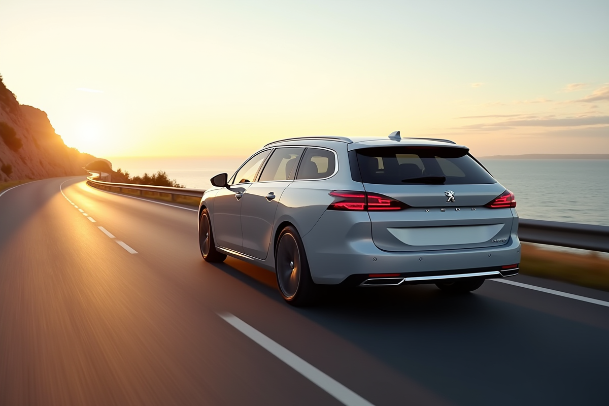 Peugeot 508 SW roulant sur une route côtière au coucher du soleil