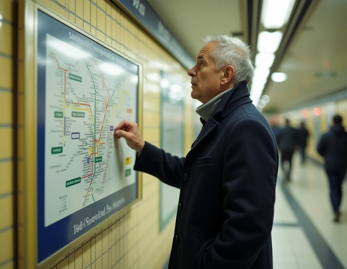 Voyageur consultant le plan de la ligne 13 du métro de Paris affiché en station