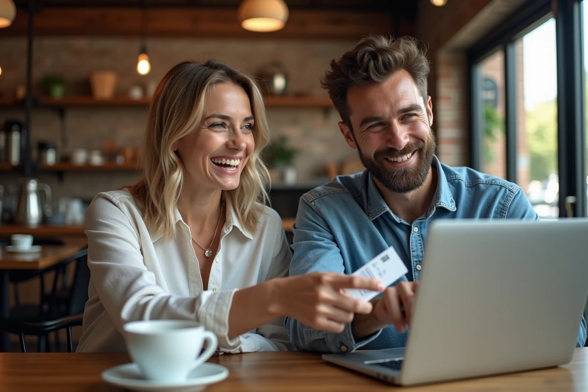 Deux personnes consultant une plateforme de revente de billets de concert sur un ordinateur portable dans un café