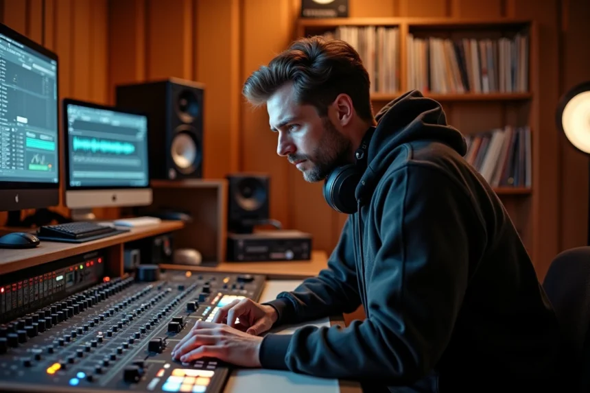 Producteur de musique travaillant sur une console de mixage dans un studio d'enregistrement professionnel, illustrant la discographie de 3piece