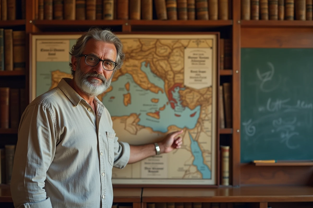 Professeur d'histoire expliquant la carte de l'Empire romain et la signification du SPQR
