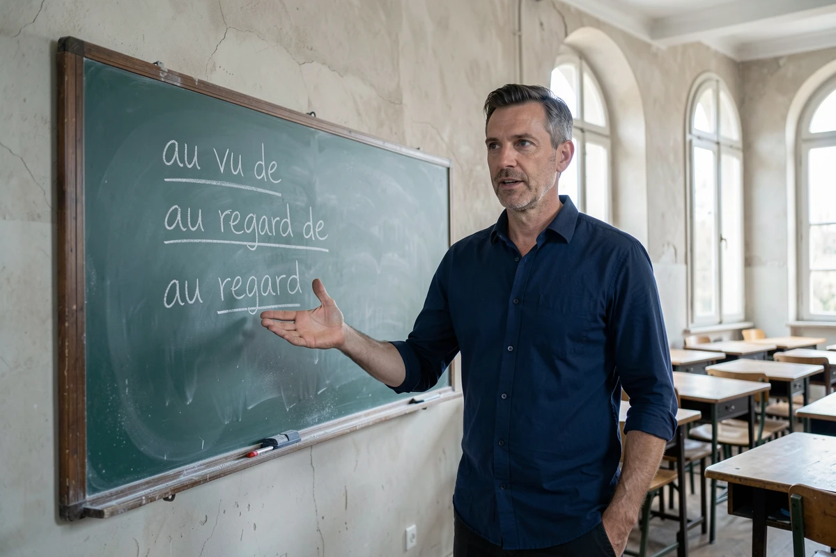 Professeur de français expliquant devant un tableau noir la différence entre 'au vu de' et 'au regard de'