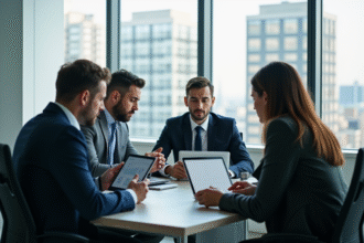 Groupe de professionnels discutant de données financières dans un bureau moderne