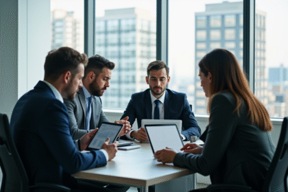 Groupe de professionnels discutant de données financières dans un bureau moderne