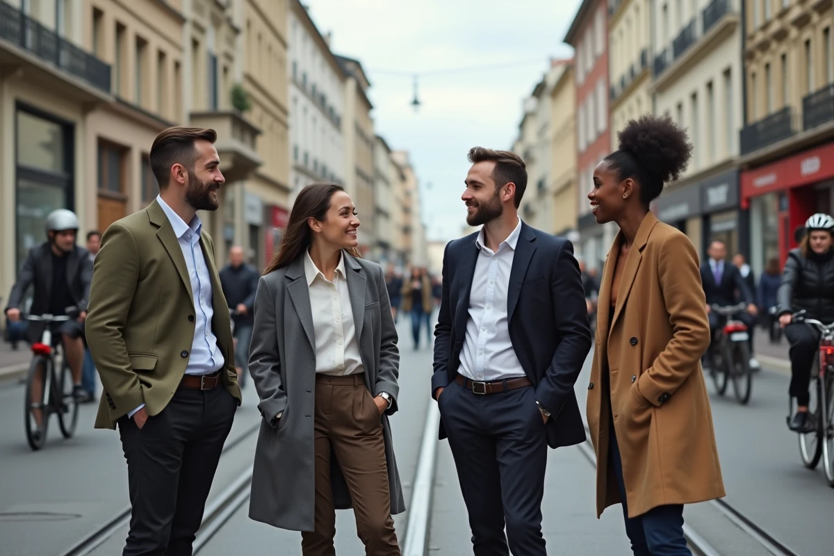 Groupe de professionnels en discussion dans une rue animée de Lyon, représentant la vie dans une grande métropole française peuplée