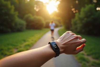 Personne marchant dans un parc avec un tracker d'activité