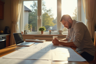 Proprietaire examine des plans architecturaux dans la cuisine