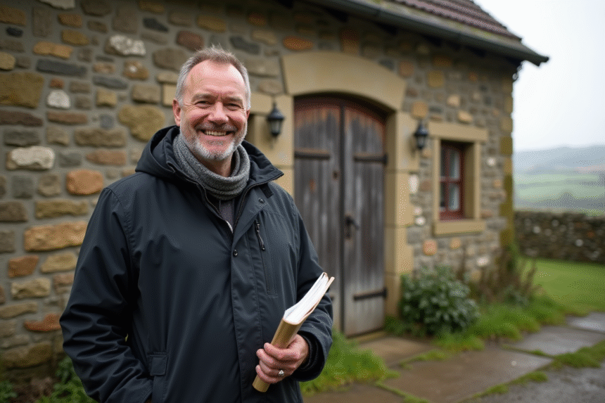 Homme d'âge moyen devant une grange en pierre avec documents