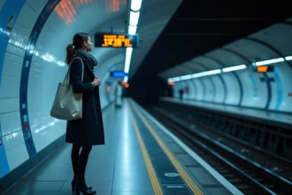 Femme attendant le métro ligne 14 la nuit sur un quai moderne de Paris