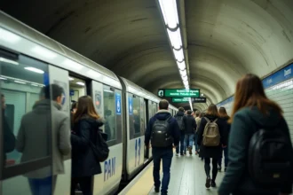 Quai de la ligne 13 du métro parisien avec train en station et voyageurs en mouvement
