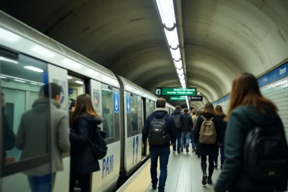 Quai de la ligne 13 du métro parisien avec train en station et voyageurs en mouvement