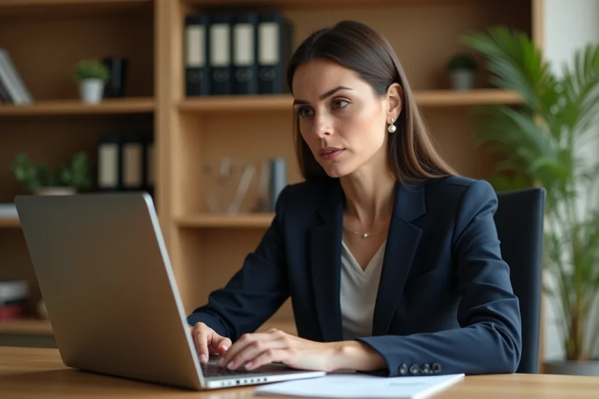Femme professionnelle rédigeant un e-mail formel à un notaire sur son ordinateur portable dans un bureau à domicile bien rangé