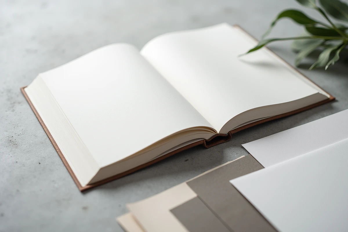 Vue aérienne macro de la reliure intérieure et des échantillons de papier d'un livre broché sur béton
