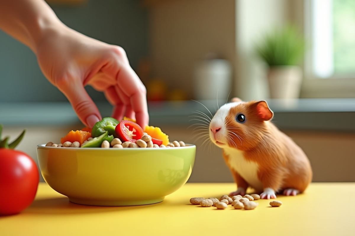 Main remplissant un bol avec des légumes et granulés pour cochon d