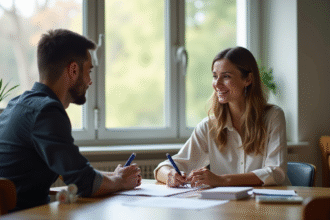 Parent et enseignant discutant du bulletin scolaire