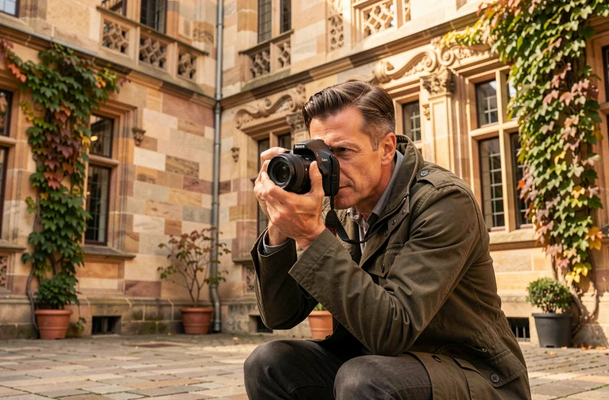 Romain Saunal, photographe professionnel à Strasbourg, en session portrait en extérieur dans une cour alsacienne