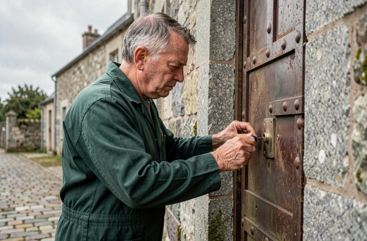 Ropers David, serrurier indépendant, utilisant un outil de crochetage sur une ancienne serrure mortaise en Bretagne