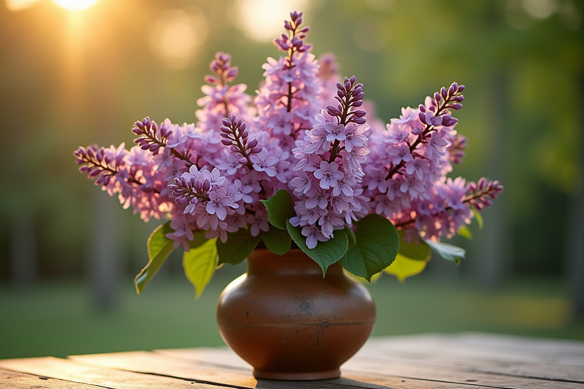 Roses et lilas en pot en extérieur au coucher de soleil