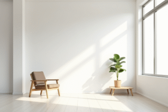 Salon moderne lumineux avec chaise en bois et plante verte