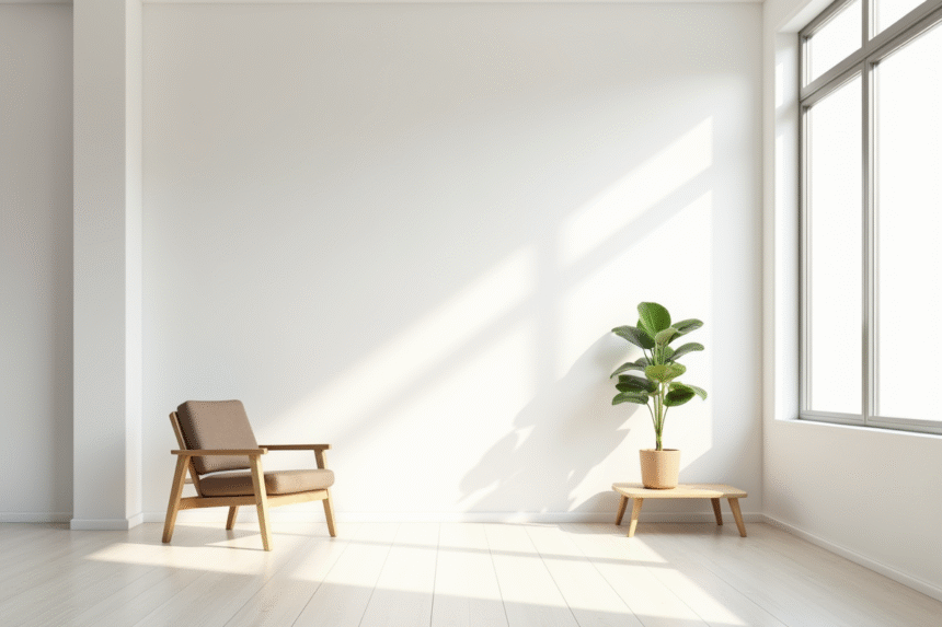 Salon moderne lumineux avec chaise en bois et plante verte